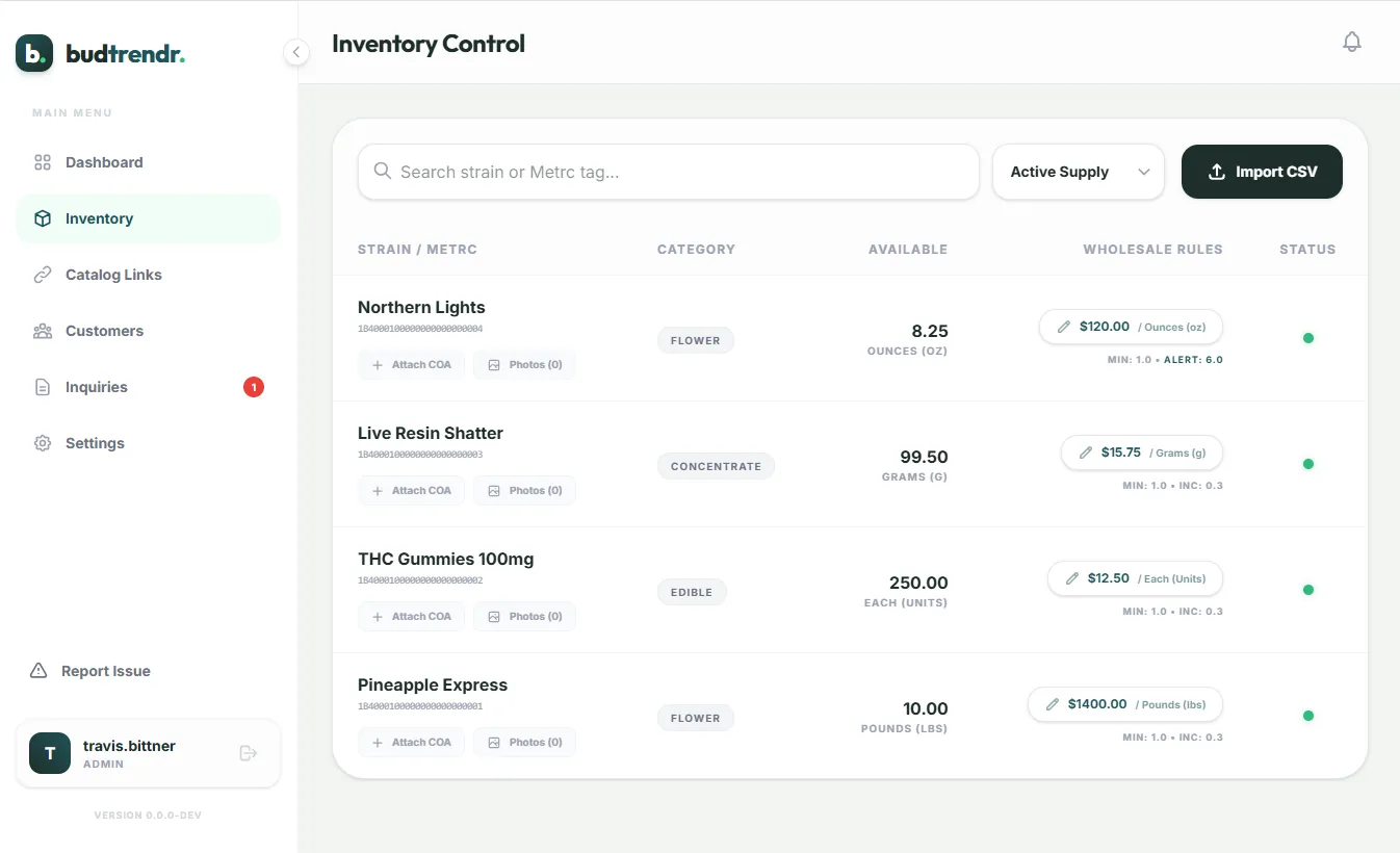 Inventory management screen
