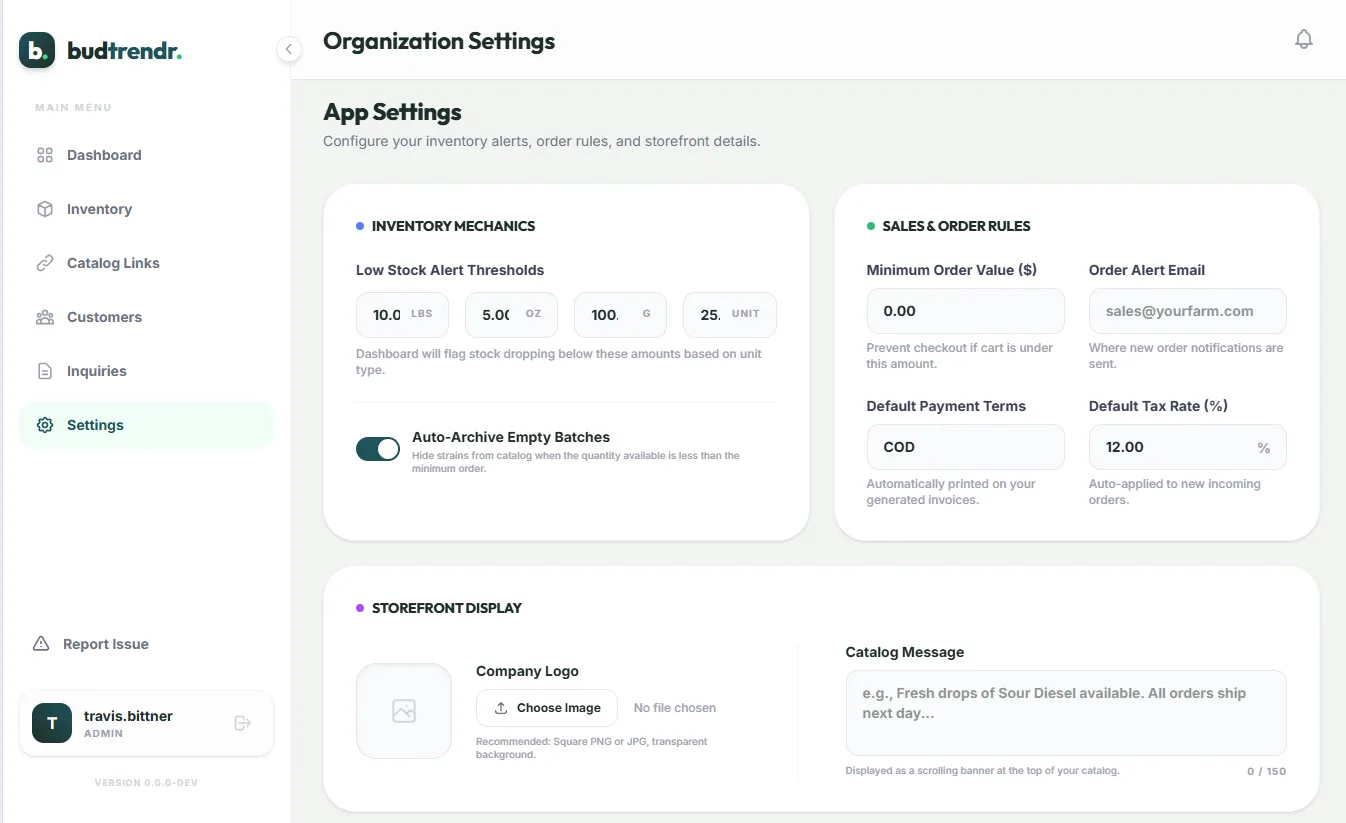 Settings page